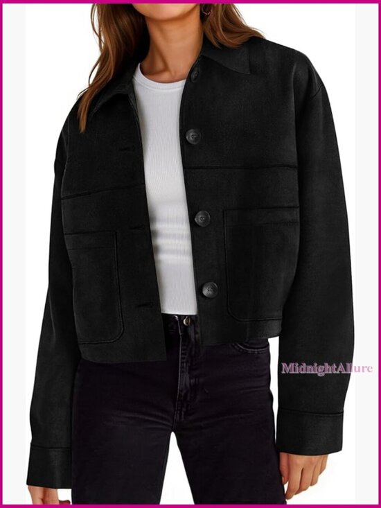 Jackets & Blazers - Cropped Faux Suede Jacket Lapel Collar Button Down Shacket Women's